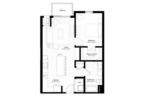 Floor plan for 1 bed, 1 bath, 748 sqft